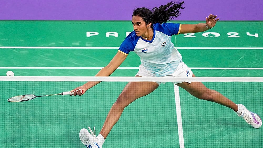 PV Sindhu in action at Paris 2024. - | Photo: PTI/Ravi Choudhary